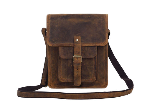 Leather crossbody bag messenger satchel tablet bag 11 inch for men and women (Distressed Tan Pocket)