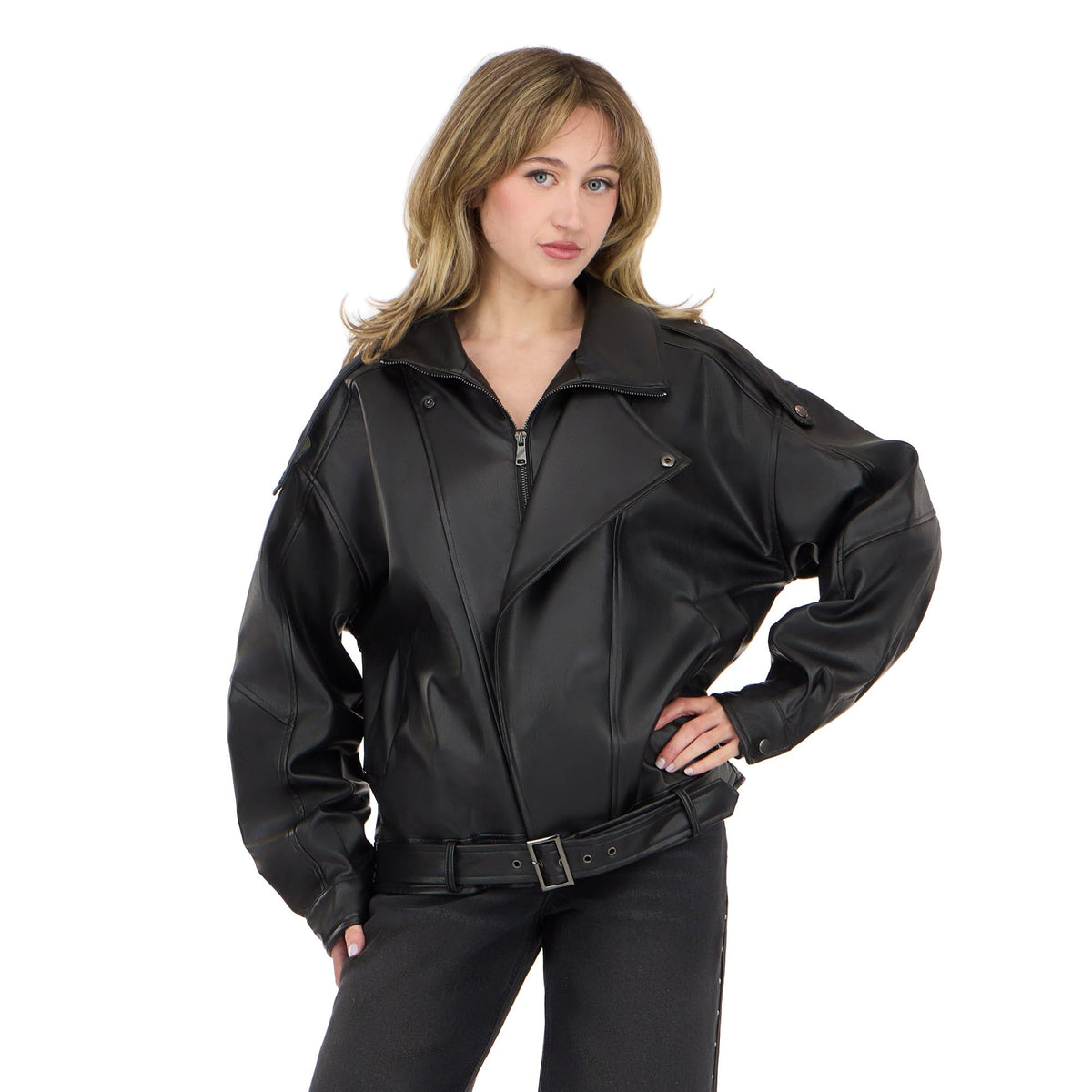 Forever 21 Women’s Oversized PU Jacket with Belted Waist, Faux Leather Outerwear, Relaxed Fit Coat for Casual Street Style and Everyday Wear, Black, Large