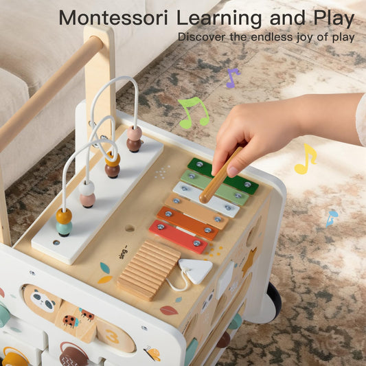 PTINFLUCE Wooden Baby Walker, Activity Cube Push Walker for Boys and Girls, Toddler Montessori Learning to Walk Toy with Adjustable Speed