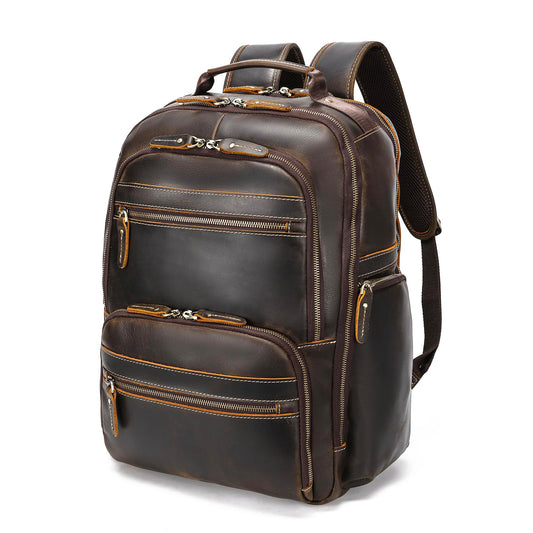 LANNSYNE Vintage Mens Full Grain Leather Backpack Fits 17.3 Inch Laptop, Large Casual Rucksack Shoulder Bag For Travel/Camping/Hiking-Brown