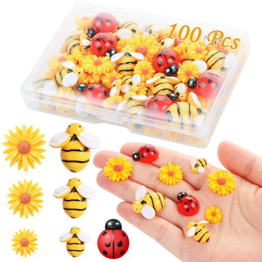 CCOZN 100 Pieces Tiny Resin Bees Daisy Flowers Ladybugs, Flatback Daisy Flowers Bumble Bees Embellishment Bee Decors with Box DIY Wreath Cake Decorations Flowers Bee for Crafts Scrapbooking