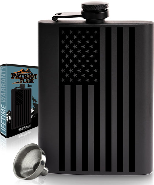 American Flag Liquor Flask - Perfect Holiday Gift for Men, Women, Fathers, or Hard to Shop for People - 304 Stainless Steel Hip Flask (Matte Black, Bonus Funnel, 8 Ounces)