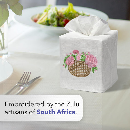 Jacaranda Living Square Tissue Box Cover, Linen/Cotton Fabric Tissue Holder, Decorative Cloth Tissue Cube Cover, Cover, Botanical Designs, Potted Primrose (Pink)