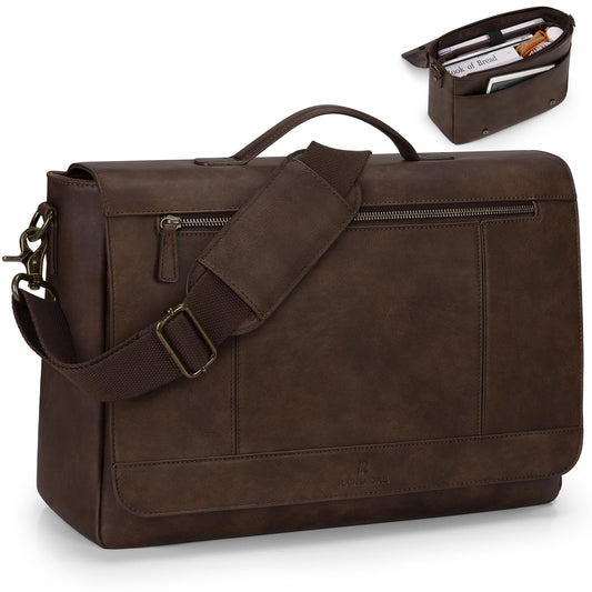 RAINSMORE Leather Messenger Bag for Men 15.6 Inch Laptop Bag Vintage Briefcase Large Computer Bag Satchel Shoulder Bag For College, Work, Business, Office, Dark Brown