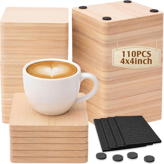 Acellegic 110 Pcs Unfinished Wood Coasters Bulk for Crafts, 4 Inch Blank Square Pine Wood Slices for Crafts with Non-Slip Dots for DIY Stained Painted Engraving Wedding Valentine Home Decoration