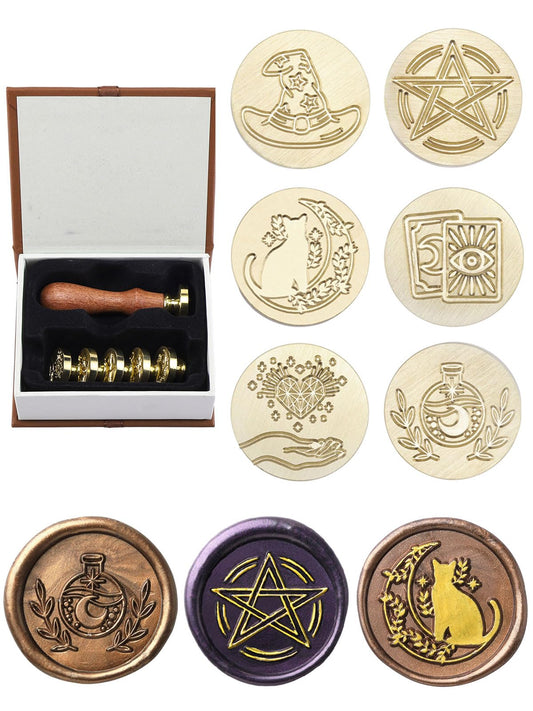 Yoption Wax Seal Stamp Gift Box Set, 6 Pieces Wiccan Copper Sealing Wax Stamp Heads + 1 Wooden Hilt for Invitations Letter Cards Envelopes Witchcraft
