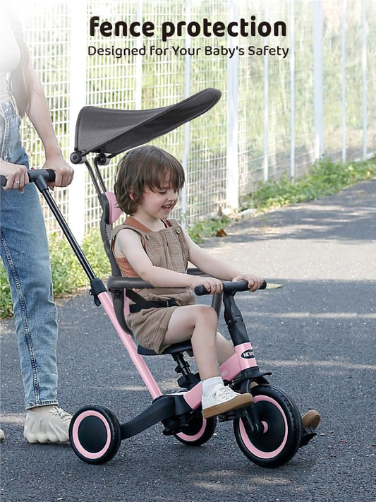 newyoo Tricycle for Toddlers 1-3, Toddler Tricycle with Push Handle and Canopy, Toddler Bike, Birthday Gift and Toys for Girl and Boy, 6 in 1 Baby Trike, Balance Bike, TR009, Pink