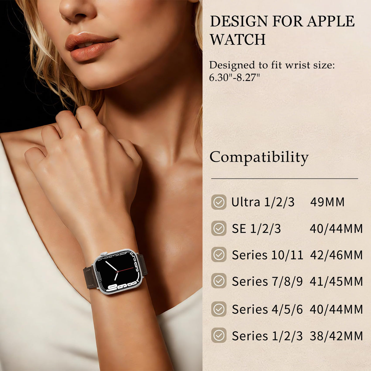 Soft Top-Grain Leather Watch Band Men Women, Compatible with All Apple Watch Series, Breathable, Sweat-Resistant iWatch Strap