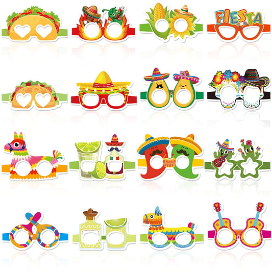 16 Pieces Cinco de Mayo Fiesta Paper Glasses, Colorful Mexican-Themed Eyewear with Sombrero, Cactus Designs for Holiday Photo Booth Props, Party Favors, and Taco Night Accessories for Adults and Kids