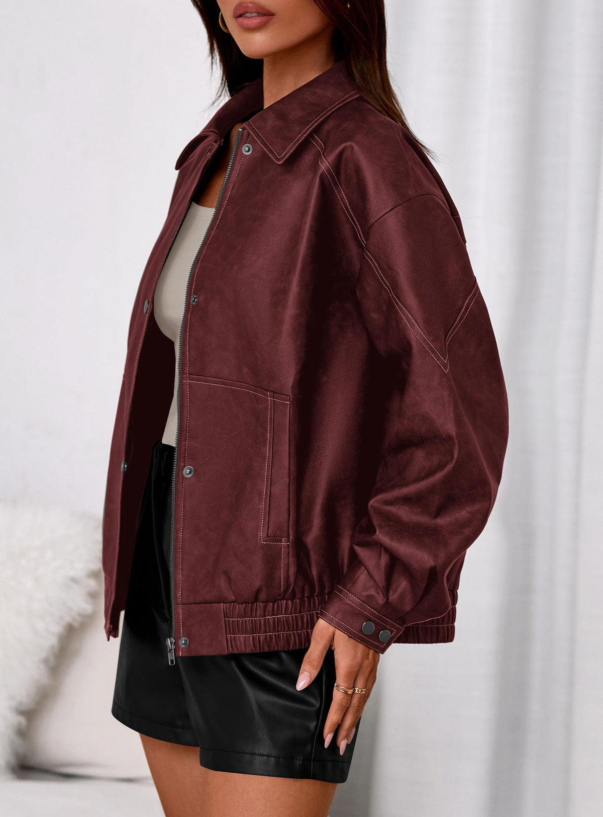 PRETTYGARDEN Faux Leather Jacket Women Bomber Motorcycle Zip Up Jackets Oversized Fall Fashion Outfits 2026 Winter Coats (Wine Red,Large)