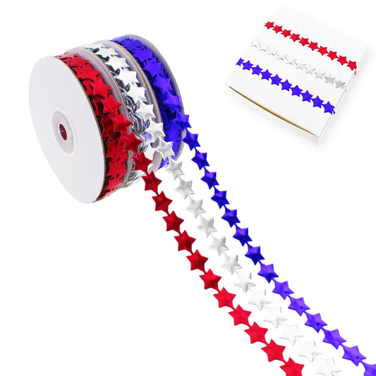 Vignor Star Ribbon Roll Fabric Lace Sewing String Trim Rope for Gift Wrapping Homecoming Mum Accessories Supplies Christmas Decorations DIY Crafts (66 Yards Red, Silver, Blue Assorted Pack)