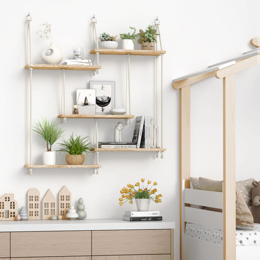 FKSLIFE Hanging Shelves for Wall,Macrame Hanging Plant Shelf with Vine Lights 5 Tier Rope Floating Shelf Wood Organizer Storage Rack Boho Wall Decor Aesthetic for Succulents Bedroom Bathroom Kitchen
