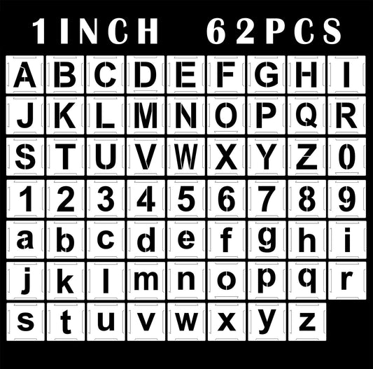 Mossdecal 62pcs Letter Stencils and Numbers 1 Inch, Small Reusable Alphabet Templates Interlocking Stencil Kit for Painting on Wood, Wall, Fabric, Rock, Chalkboard, Sign, Art Craft Stencils