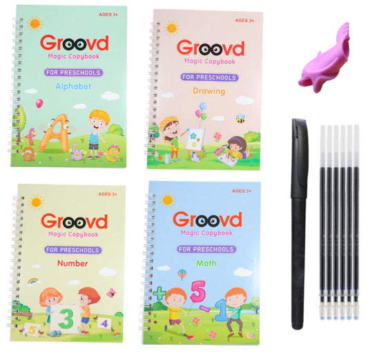 Groovd Children's Magic Copybooks - Reusable Grooved Writing Books for Kids - Handwriting Practice Workbooks, Calligraphy Learning Kit & Tracing Tools Set, 4 Books with Pen & Ink Refills (Ages 3-8)