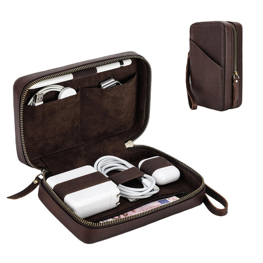 Acidea Full Grain Leather Electronics Accessories Storage Box Travel Cable Organizer Pouch, Charger Roll Up Case with Zippers Leather Tech Organizer for Power Bank, USB, Cables, Travel Essentials