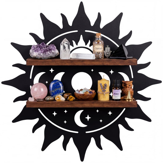 Moxweyeni Crystal Display Shelf for Wall, Wooden Lotus Floating Shelf with Iron Backing Crescent Moon Boho Wall Hanging Storage Organizer Decorative Trinket Holder for Stones Gems Home Décor
