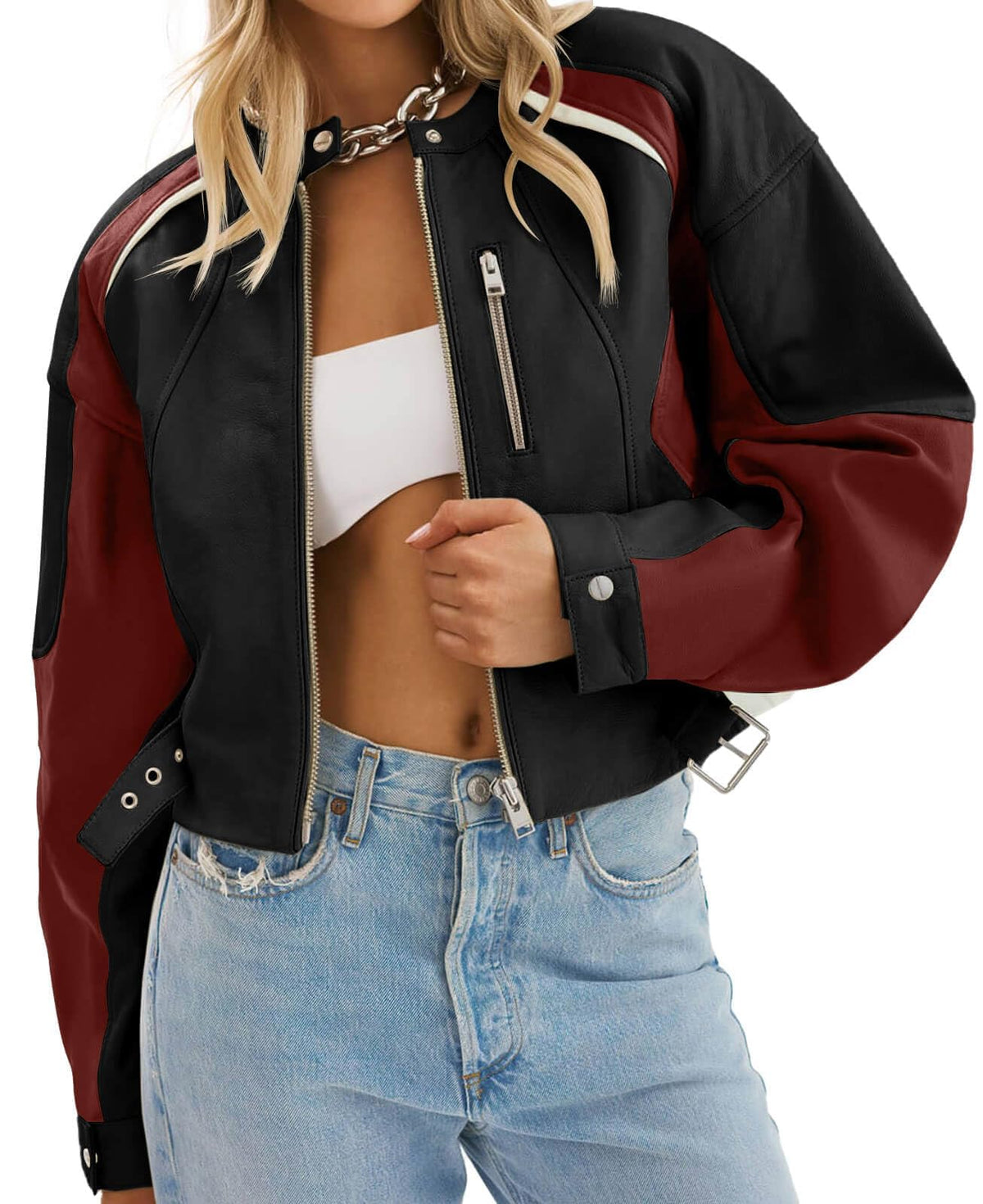Tankaneo Womens Faux Leather Bomber Jackets Cropped Zip Up Color Block Fall Casual Moto Biker Coats