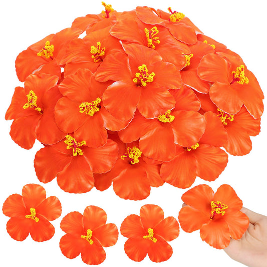 Hotop 24 Pcs Artificial Hibiscus Flowers Orange Hawaiian Fake Flowers Faux Tropical Hibiscus Decoration for Luau Summer Party Decor DIY Crafts Cake Favors Supplies Table Centerpieces
