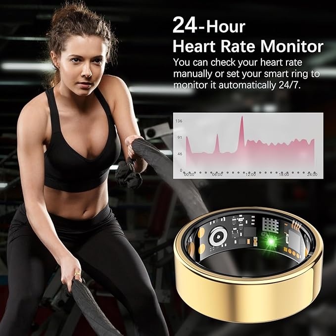 Ring Health Tracker for Women Men, Fit Ring with Heart Rate, Blood Oxygen, Sleep Monitor, Calories, Step Counter, IP68 Waterproof Smart Ring for iPhone & Android, No Subscription Fee (Gold, 14#)