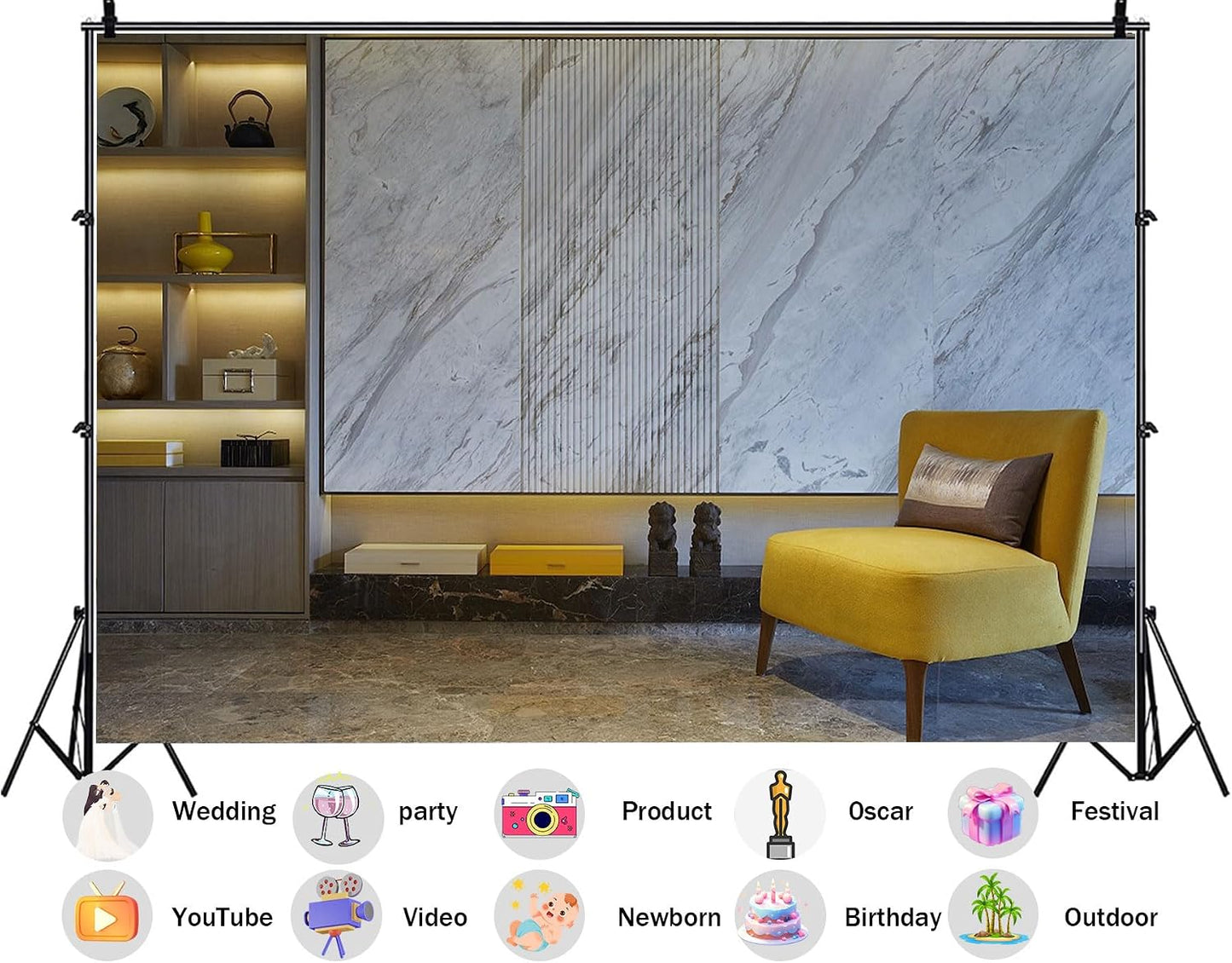 SHDASMIL 8X6ft Luxury Marble Wall Interior Backdrop Yellow Accent Chair Elegant Shelf Background Modern Asian Style
