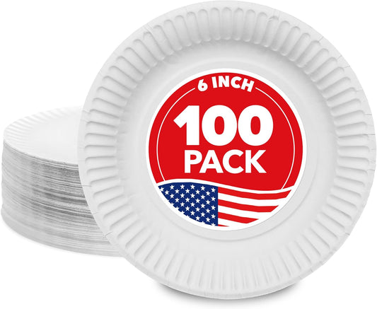 Stock Your Home 6-Inch Paper Plates - Uncoated Disposable Dessert Plates, White, 100 Count