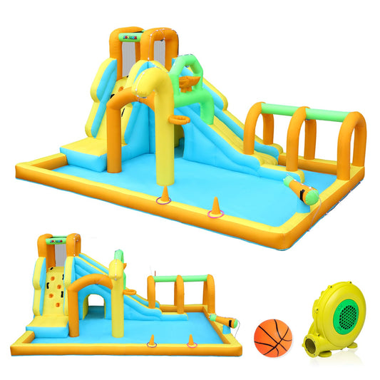 JOYMOR 10-in-1 Inflatable Water Slide Bounce House w/Water Bucket, Tunnel, Water Cannon, Basketball Hoop, 1min Blow Up Water Slide (Include Air Blower), Backyard Water Slide Park for Ages 3-10Y