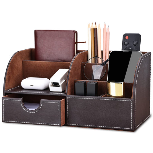 KINGFOM Pu Leather Desk Organizer Pen Pencil Holder Office Supplies Caddy Storage Box 6 Compartments with Drawer Brown