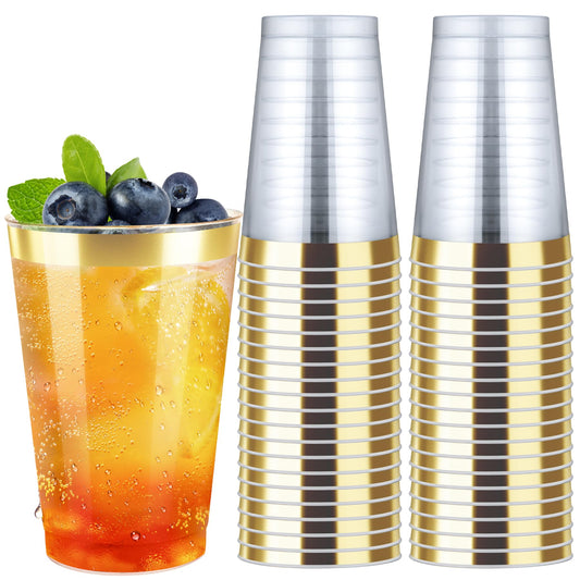 Byvivace 50counts 9 OZ. Disposable Cups Old fashioned Party Tumblers, 9 Ounce Squat Cups Gold Wine Glasses Hard Plastic Cups with Gold Rim