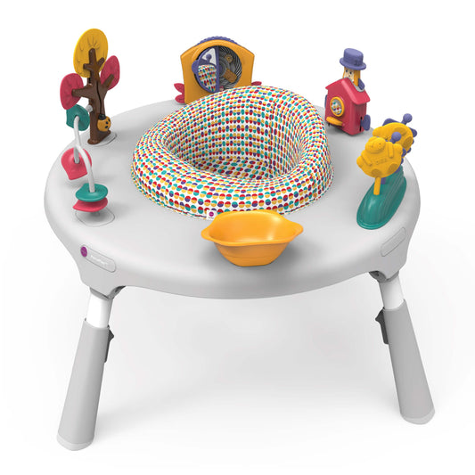 ORIBEL PortaPlay Convertible 3-in-1 Baby Activity Center & Play Table | Patented Bouncy Seat | Stable Foot Support | 5 Months+ | Development Focused Toys (Wonderland Adventure, Grey)