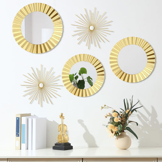 MorningRo 5 Pack Gold Metal Mirrors for Wall Gold Starburst Sunburst Wall Decor Set Metal Round Mirrors Decor Hanging Art Circle for Living Room Bathroom Bedroom Modern Decorative Gifts