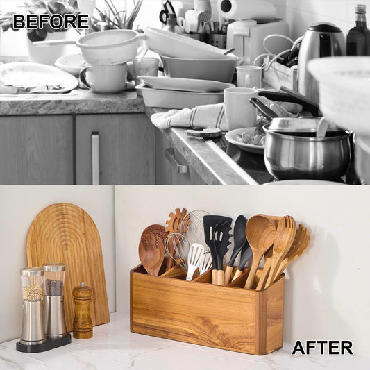 Wooden Utensil Holder for Kitchen Counter, Acacia Wood Kitchen Utensil Holder for Countertop with 4 Compartment, Cooking Utensil Organizer, Silverware Caddy (Acacia Wood, 4Compartment)