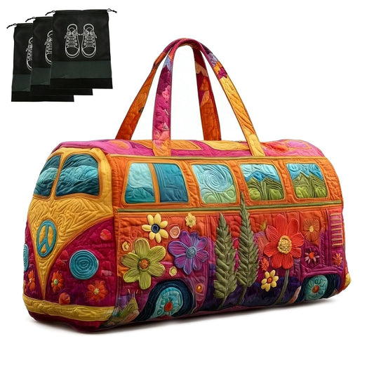 Unisex Boho Quilted Weekender Bag – Lightweight, Free-Spirited, Ready to Wander, Large Hippie Journey Travel Duffle With 3 Shoe Bags, Vintage Floral Luggage for Gym, Yoga & Carry-on (Q, 16*8*8 IN)