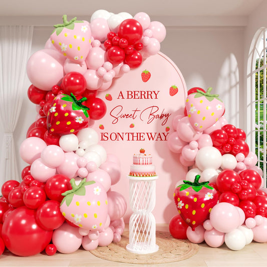 120pcs Strawberry Balloon Arch Kit with Red Pink Sand White Foil Strawberry Balloons for Baby Shower Birthday Party Decorations