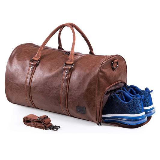 Leather Travel Bag with Shoe Pouch, Waterproof Weekender Overnight Bag,Carry On Duffel Bag for Men Women-Brown