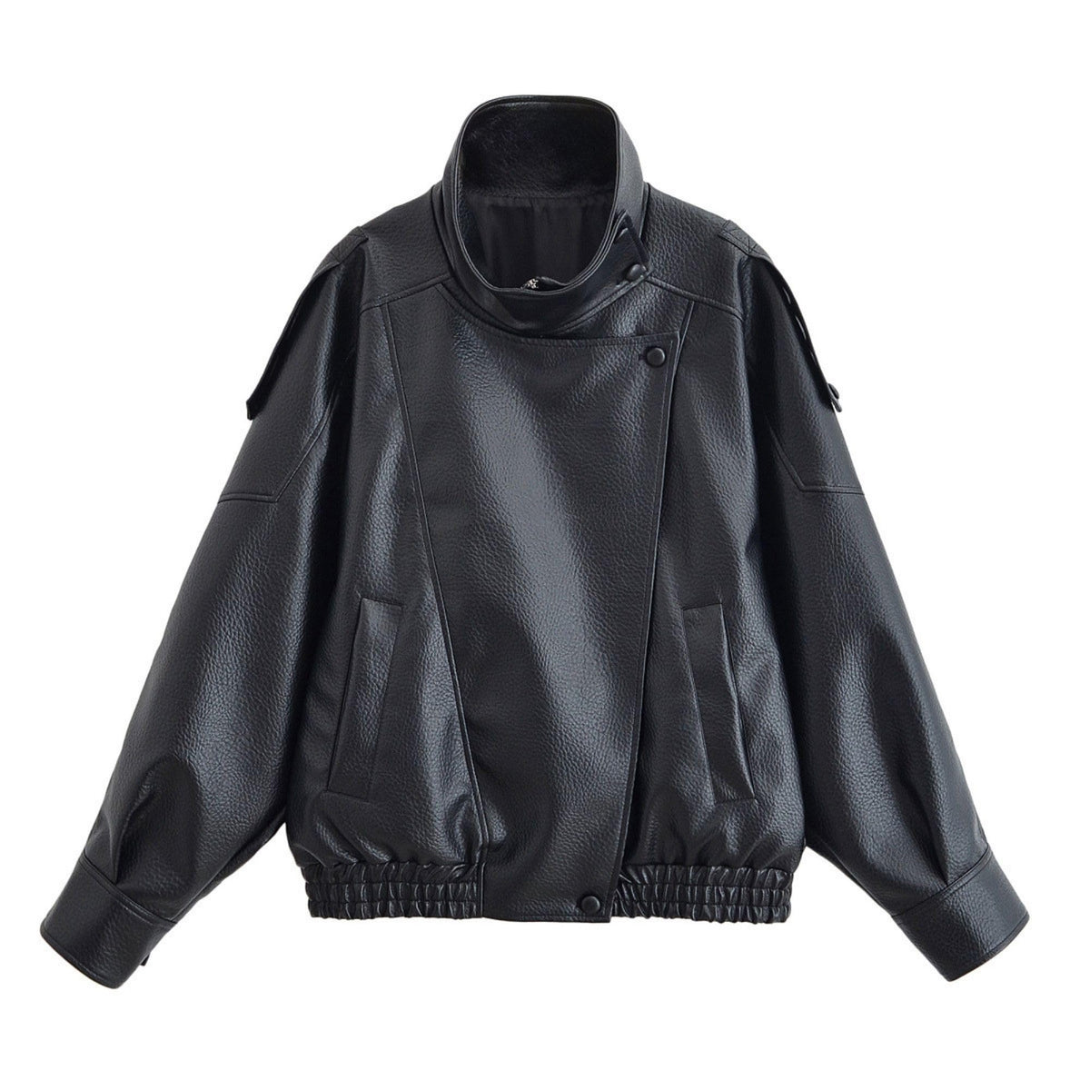 FindThy Women’s Oversized Faux Leather Jacket Casual High Collar Long Sleeve Zip Up Fall Fashion Motorcycle Coats(4201-Black-L-LB)