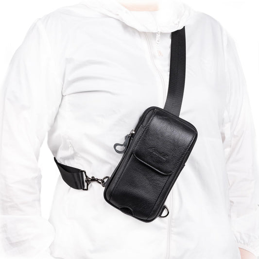 Ariscobull - Small Crossbody Bag for Men Women - Genuine Leather Mini Sling Bag with Charging Port - Travel Hiking Phone Daypack Cross Body Shoulder Bags (Black)