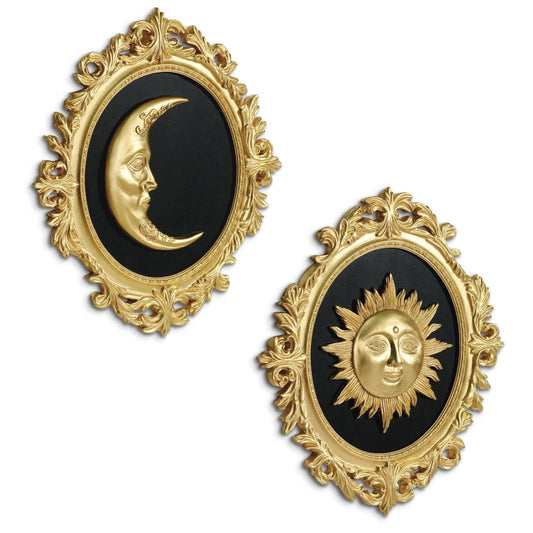 Putuo Decor Baroque Sun Moon Wall Decor Set, 2-Piece 3D Ovals Gold Resin Relief on Black Backing, Vintage Celestial Accent Wall Hanging Art for Living Room Bedroom Entryway Gallery