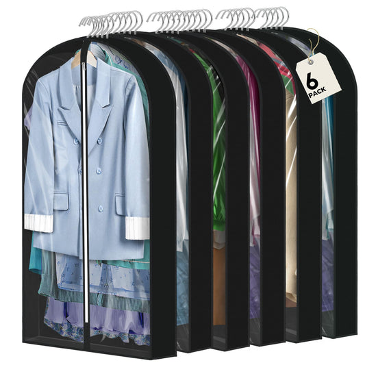 6 Pcs 40" Garment Bags for Hanging Clothes, Clear Suit Bags for Closet Storage Clothing Storage, Garment Bags Shoulder Covers with 4" Gussets for Coats, Jackets, Shirts and Sweater, Black