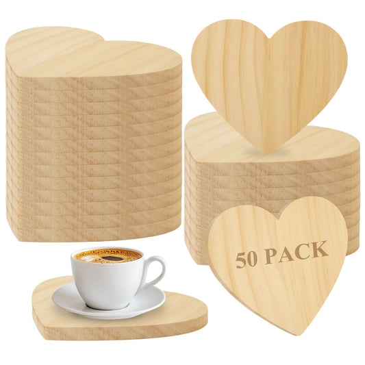 DAJAVE 50 Pack Unfinished Wood Coasters 4 Inch Heart Shape Wooden Coasters for Crafts with Non-Slip Silicon Dots, Wood Coasters Bulk for DIY Stained Painting Wood Engraving Home Decoration