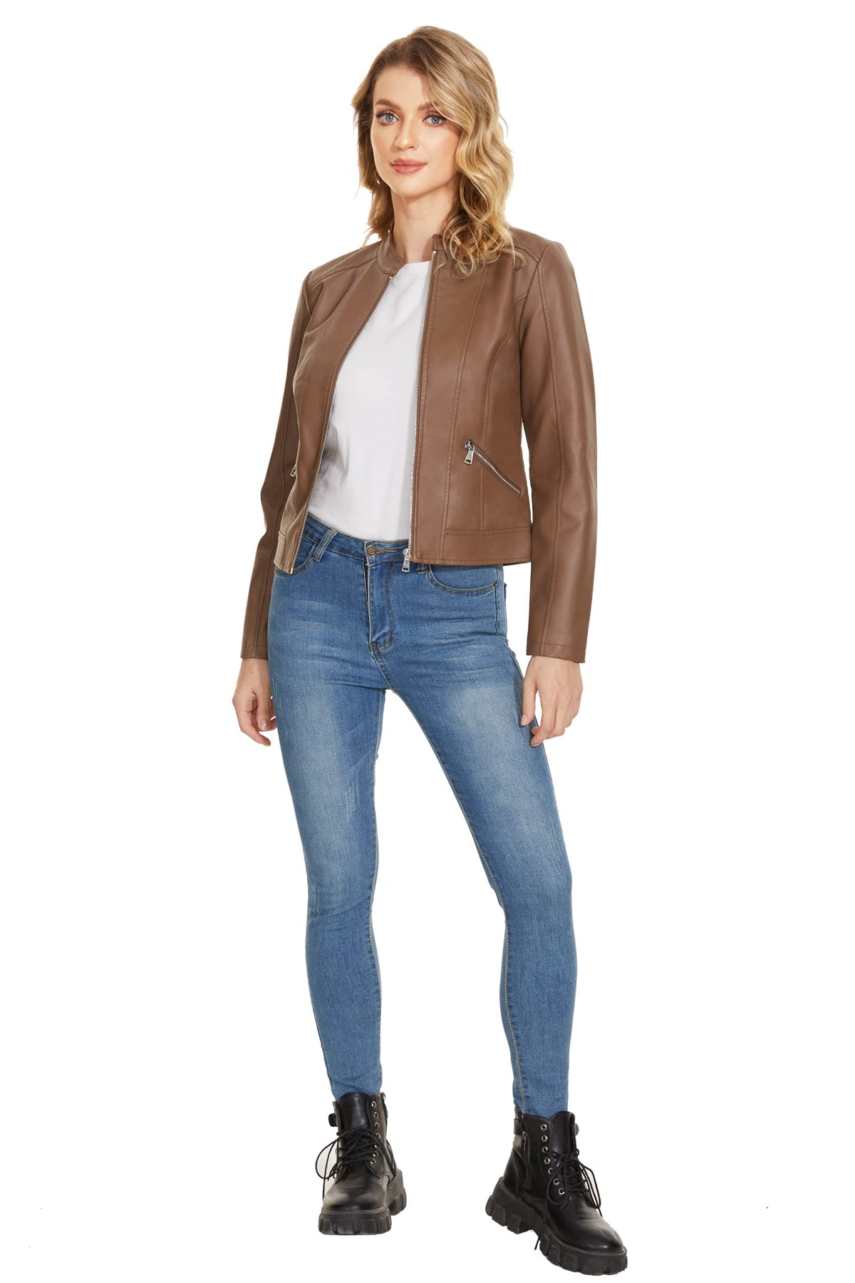 Fahsyee Women's Faux Leather Jackets, Camel Crop Petite Zip Up Motorcycle Short PU Moto Biker Outwear Stand Collar Fitted Slim Coat, Size S
