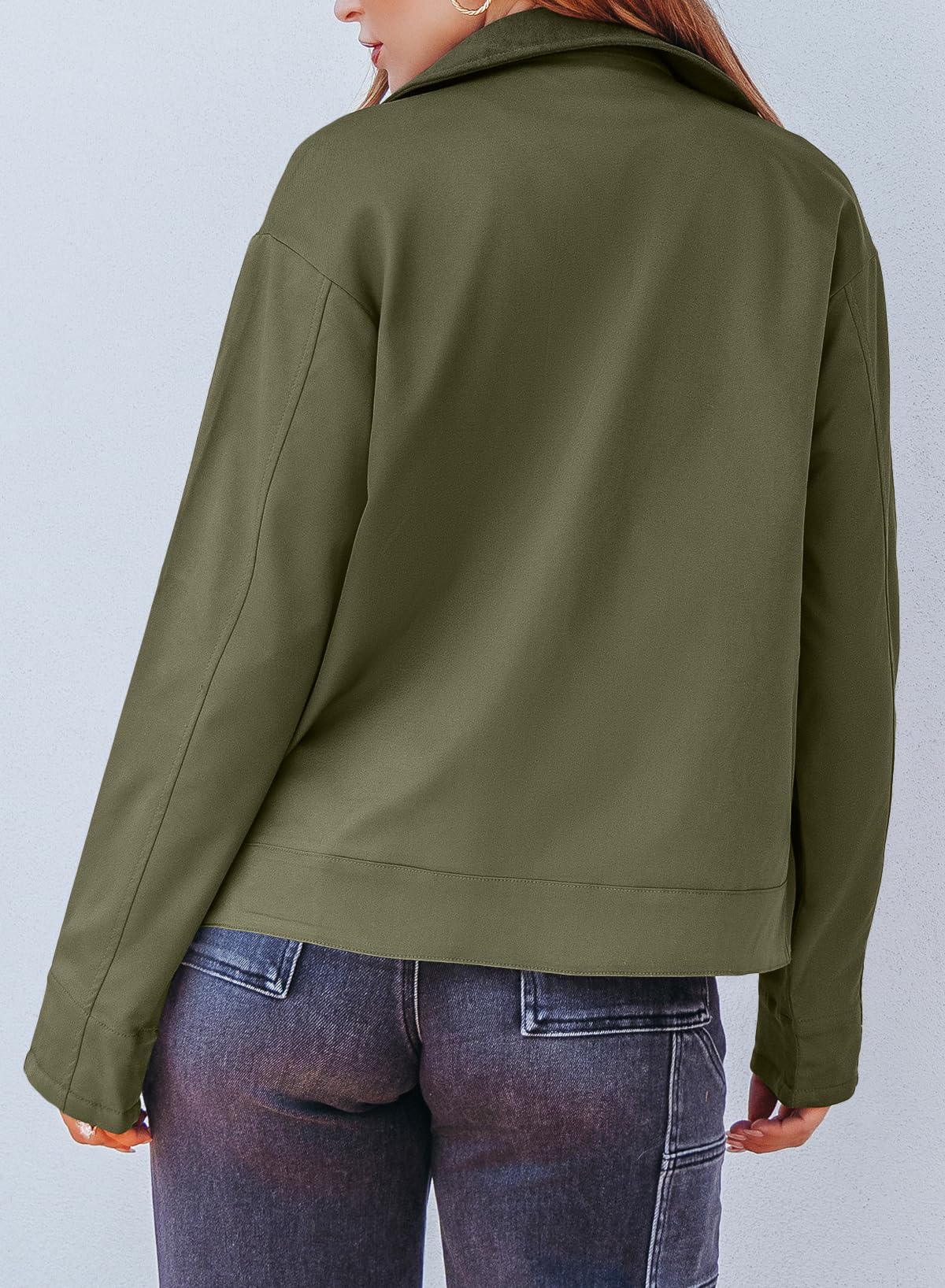 EVALESS Bomber Jacket Women Lightweight Button Down Jackets,Green,M