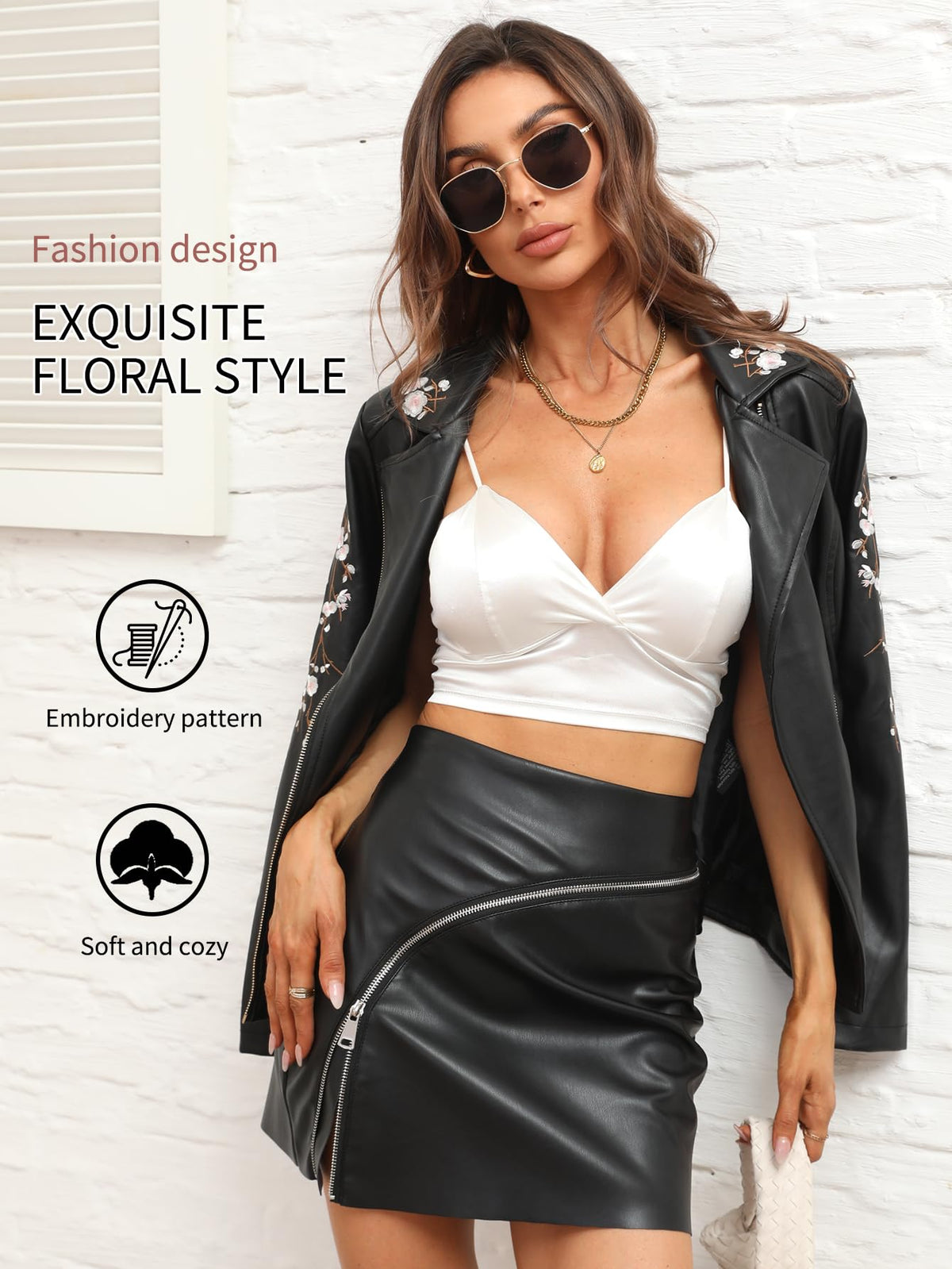Bellivera Women's Faux Leather Embroidered Casual Lapel Jacket Floral Lightweight Moto Biker Coat for Spring Fall 1702021 Black M