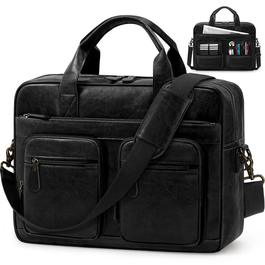 RAINSMORE Vintage Messenger Bag for Men PU Vegan Leather Computer Laptop Bag 15.6 Inch Waterproof Briefcases for Men Retro Mens Briefcase Satchel Bag for Work Office Business Travel Black