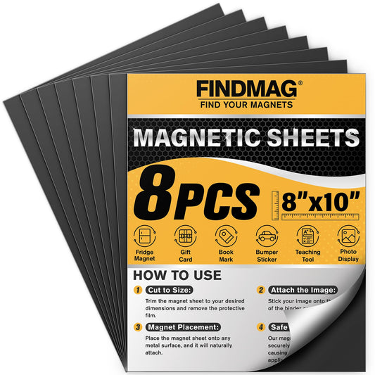 FINDMAG Magnetic Sheets, Flexible Magnets with Superior Adhesive Backing, Cut & Customize Magnet Sheet Set for Creating Magnetic Photo, Crafting, Organizing, and DIY Projects - 8 Pack (8" x 10")