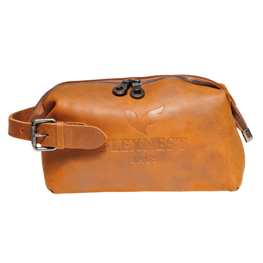Flexnest Crazy Horse Leather Toiletry Bag for Men – Vintage Travel Dopp Kit Organizer with Spacious Compartment, Durable Leather, Smooth Zipper & Sturdy Handle (Brown)