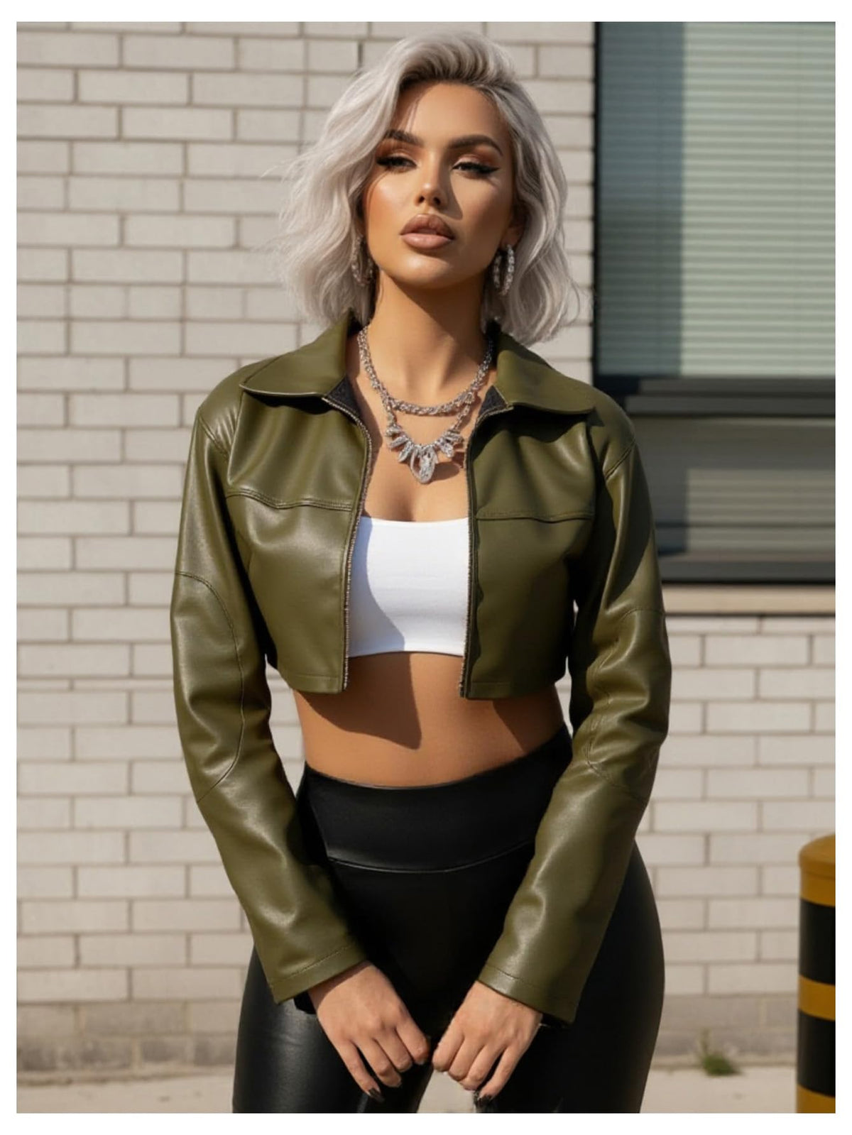 winkbay Women's Pu Leather Cropped Motorcycle Jacket Y2k Zip Up Collared Jackets Streetwear Army Green X-Small