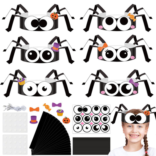 Qyeahkj 24 Sets Halloween Headbands Craft Kits DIY Spider Crown Art Sets Halloween Spider Paper Hat Making Kit DIY Stickers Art & Craft Adjustable Crown Party Decoration Holiday Activities Supplies