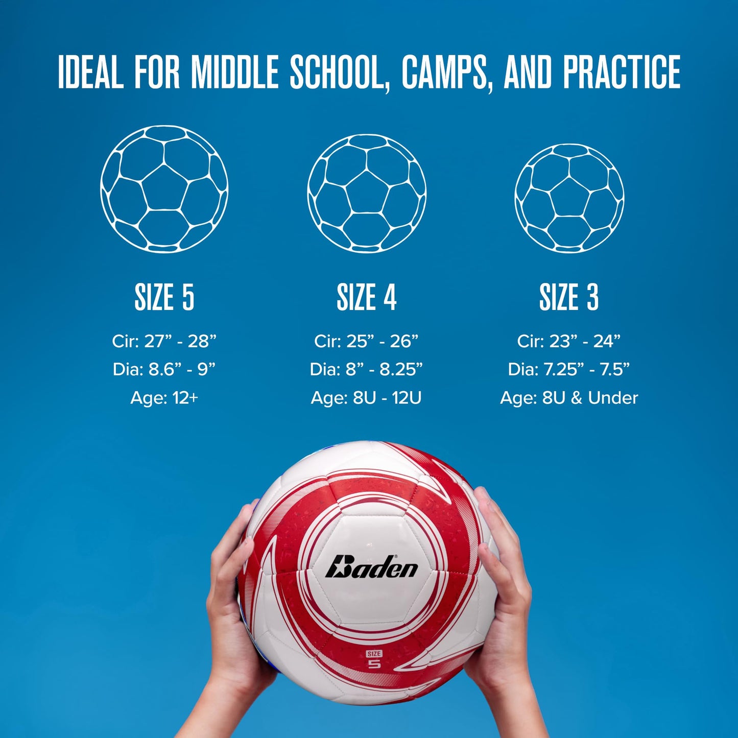 Baden Z-Series Soccer Ball – Size 3, 4, or 5 – Machine Stitched Durable Ball for Outdoor Play, Camps, Practice & Training – Cushioned Cover with Reinforced Bladder (Red, Size 3)