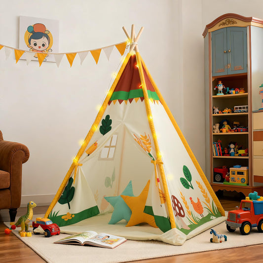 Duwenem Teepee Tent for Kids, Play Tent with Padded Mat & Star Lights, Indoor Play Tent for Girls & Boys, Pastoral Chicken