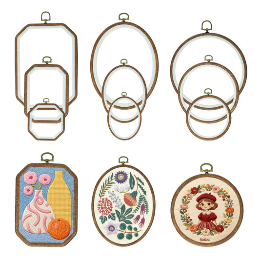 9 Pcs Large Embroidery Hoop Frame, Embroidery Frames for Display, Imitated Wood Cross Stitch Hoop, Circle/Oval/Octagonal Cross Stitch Frame Kits, Perfect for DIY, Craft Sewing, Home Decor